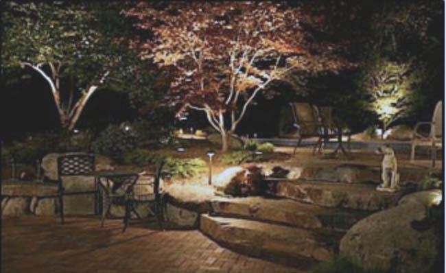 outdoor lighting shines at night in residential landscapes